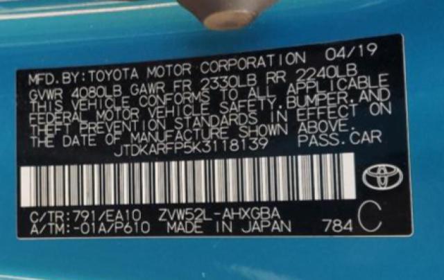 2019 TOYOTA PRIUS PRIM - JTDKARFP5K3118139