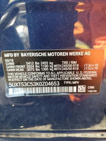 VIN 5UXTS3C53K0Z04653 2019 BMW X3, Xdrivem40I no.13