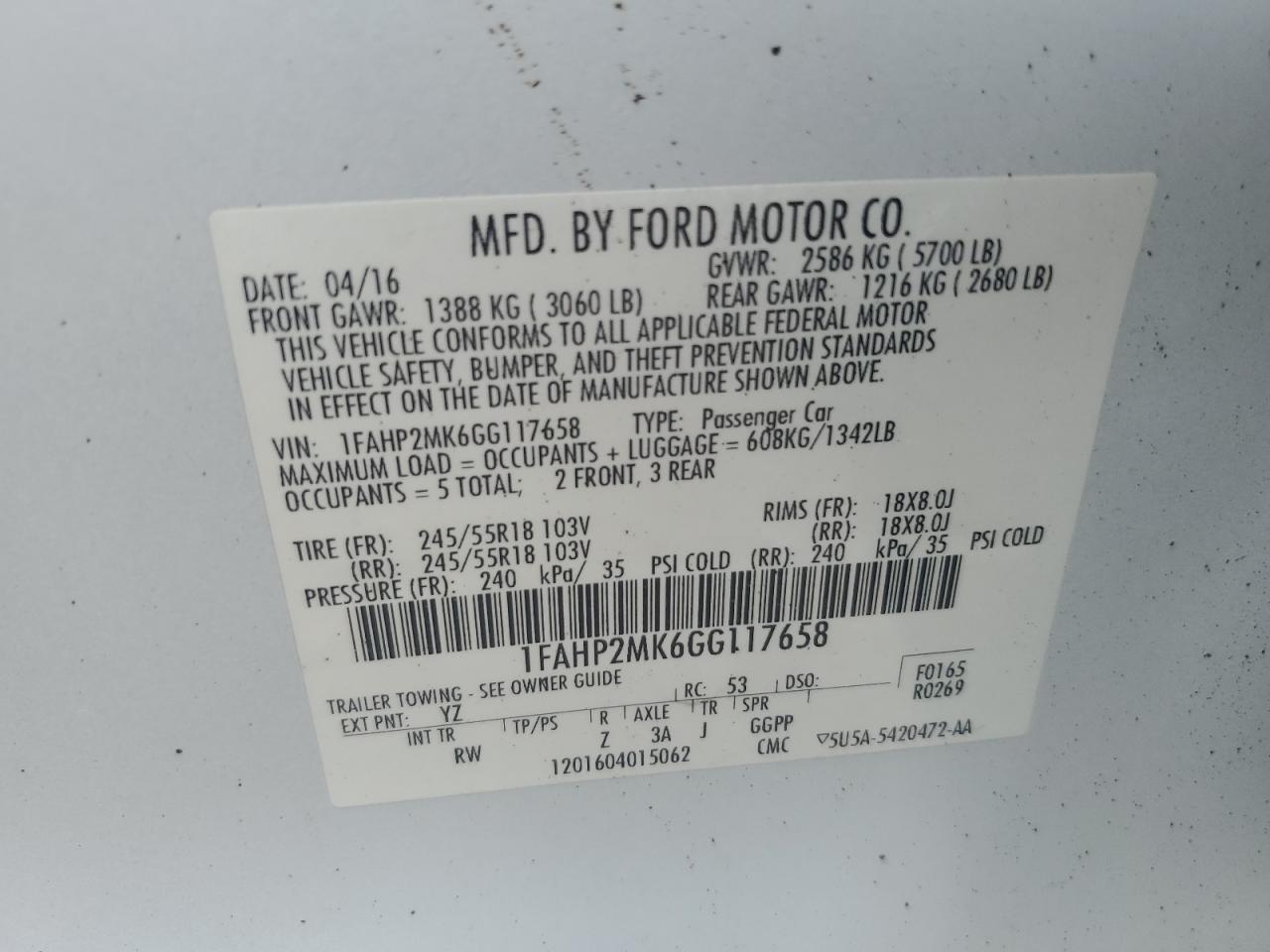 Lot #2827742132 2016 FORD TAURUS POL