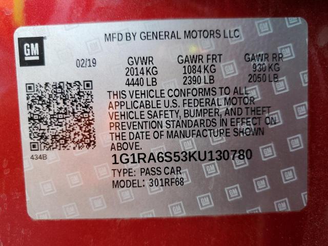 VIN 1G1RA6S53KU130780 2019 Chevrolet Volt, LT no.13