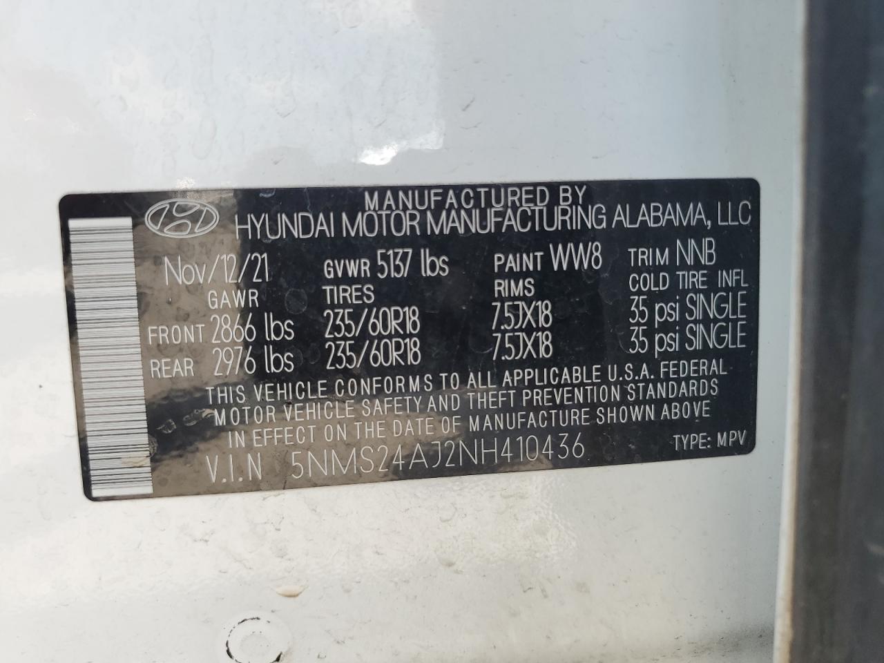 Lot #2926362364 2022 HYUNDAI SANTA FE S