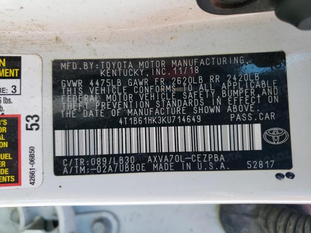 VIN 4T1B61HK3KU714649 2019 Toyota Camry, Xse no.12