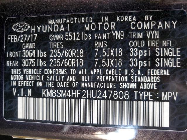 VIN KM8SM4HF2HU247808 2017 Hyundai Santa Fe, SE no.13