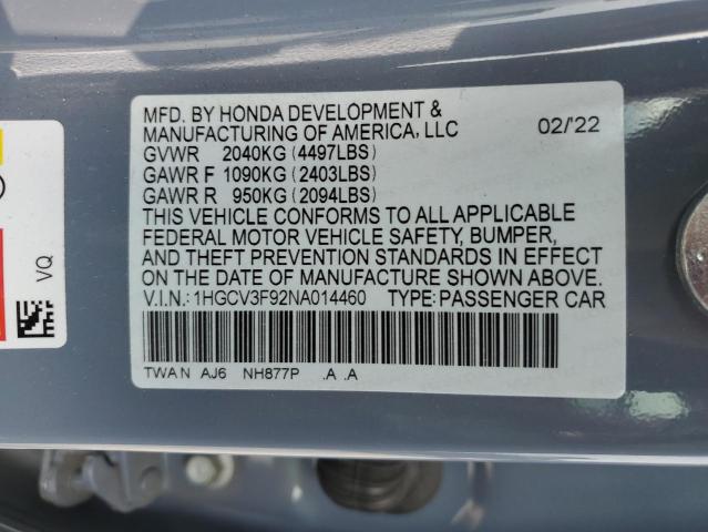 VIN 1HGCV3F92NA014460 2022 Honda Accord, Touring Hy... no.12