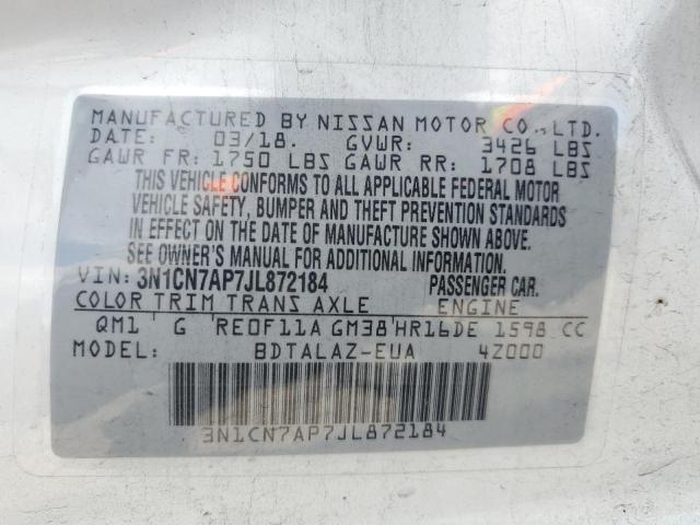 VIN 3N1CN7AP7JL872184 2018 Nissan Versa, S no.12