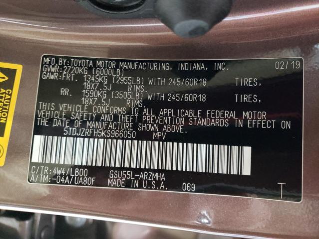 VIN 5TDJZRFH5KS966050 2019 Toyota Highlander, SE no.13