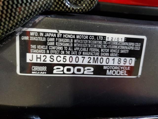2002 HONDA CBR 900RR JH2SC50072M001890