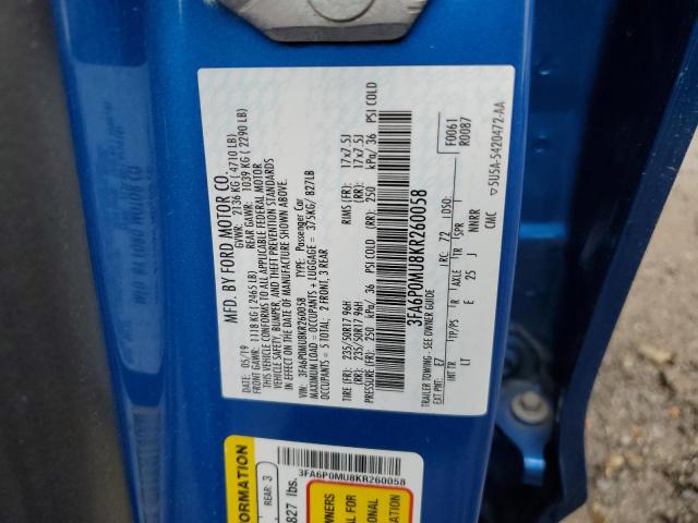 VIN 3FA6P0MU8KR260058 2019 Ford Fusion, Sel no.13