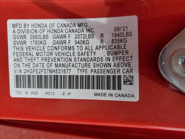 2022 HONDA CIVIC SPOR - 2HGFE2F57NH531677