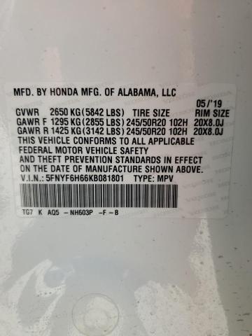 2019 HONDA PILOT TOUR - 5FNYF6H66KB081801