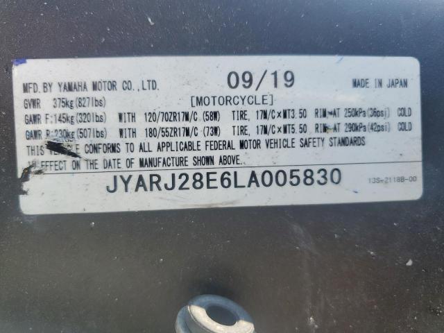 2020 YAMAHA YZFR6 JYARJ28E6LA005830