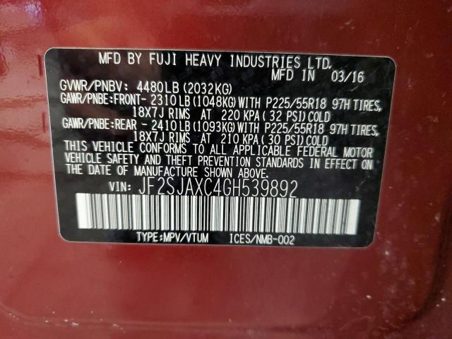 2016 SUBARU FORESTER 2 - JF2SJAXC4GH539892