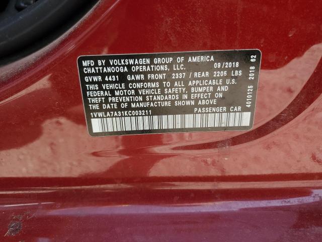 2019 VOLKSWAGEN PASSAT WOL - 1VWLA7A31KC003211