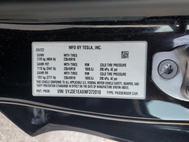 2022 TESLA MODEL 3 5YJ3E1EAXNF372010