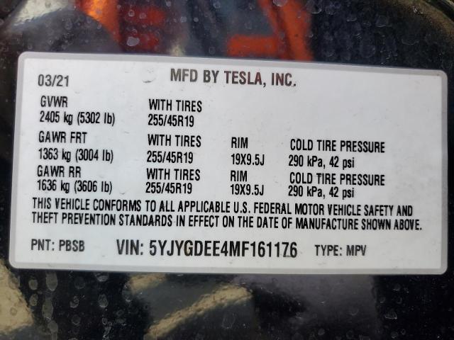 2021 TESLA MODEL Y 5YJYGDEE4MF161176