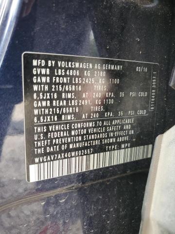 2016 VOLKSWAGEN TIGUAN S WVGAV7AX4GW602557