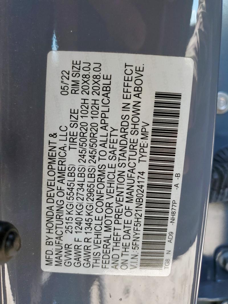 2022 HONDA PILOT SE 5FNYF5H21NB024174
