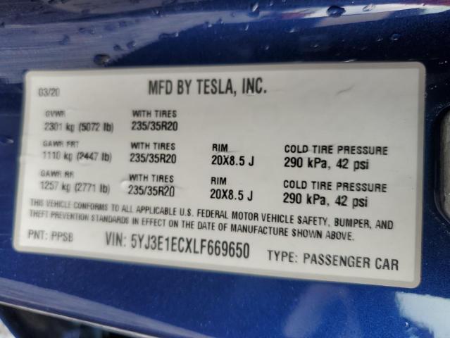 2020 TESLA MODEL 3 5YJ3E1ECXLF669650