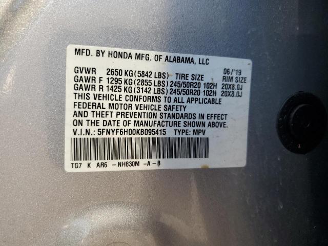 2019 HONDA PILOT ELITE 5FNYF6H00KB095415