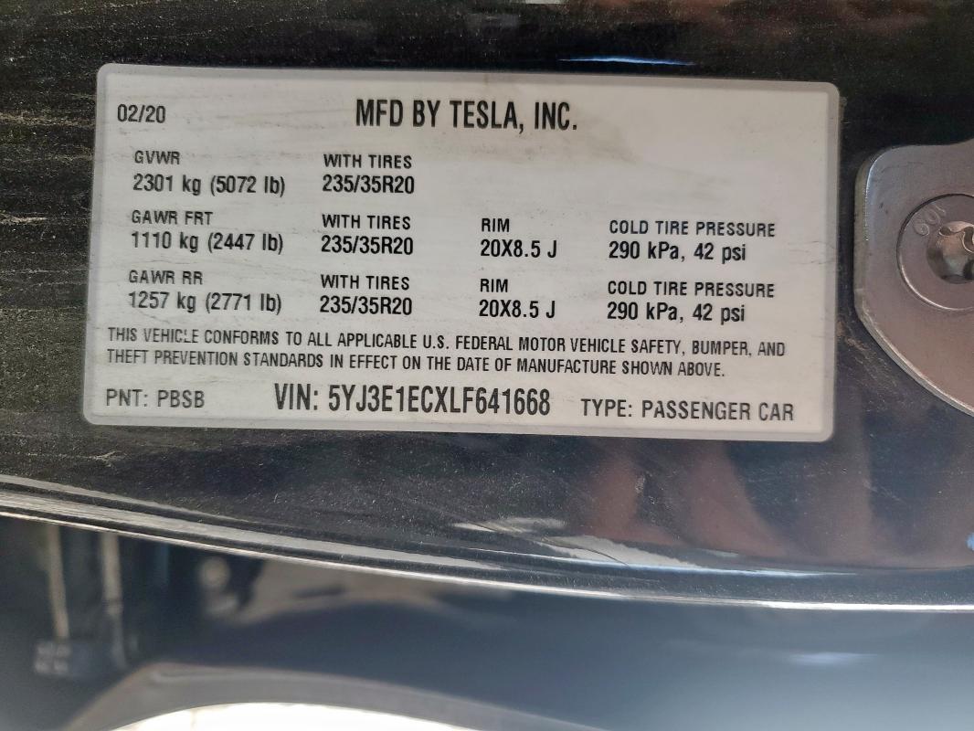 2020 TESLA MODEL 3 5YJ3E1ECXLF641668