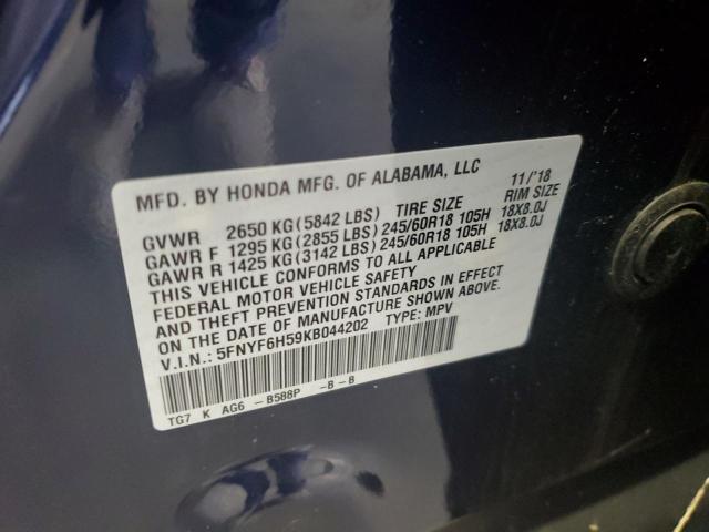 2019 HONDA PILOT EXL 5FNYF6H59KB044202
