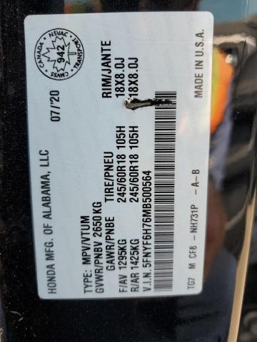 2021 HONDA PILOT BLAC 5FNYF6H76MB500564