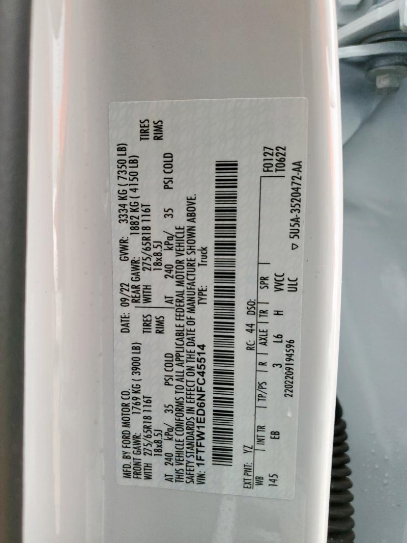 2022 FORD F150 SUPER 1FTFW1ED6NFC45514