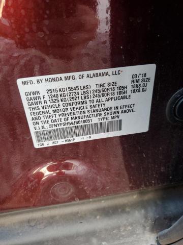 2018 HONDA PILOT EXL 5FNYF5H54JB018051