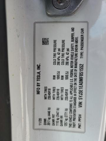 2021 TESLA MODEL 3 5YJ3E1EA0MF851552