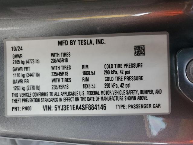 2025 TESLA MODEL 3 5YJ3E1EA4SF884146