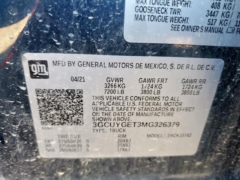 2021 CHEVROLET SILVERADO 3GCUYGET3MG326379