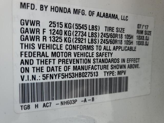 2017 HONDA PILOT EXL 5FNYF5H53HB027513