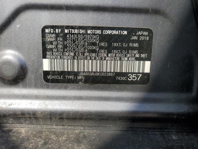 2019 MITSUBISHI OUTLANDER JA4AR3AU0KU023667