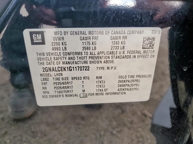 2016 CHEVROLET EQUINOX LT 2GNALCEK1G1170722
