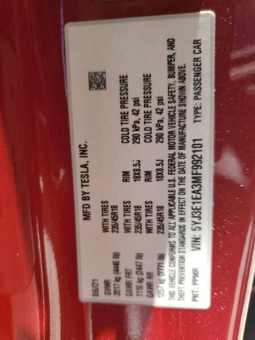 2021 TESLA MODEL 3 5YJ3E1EA3MF992101