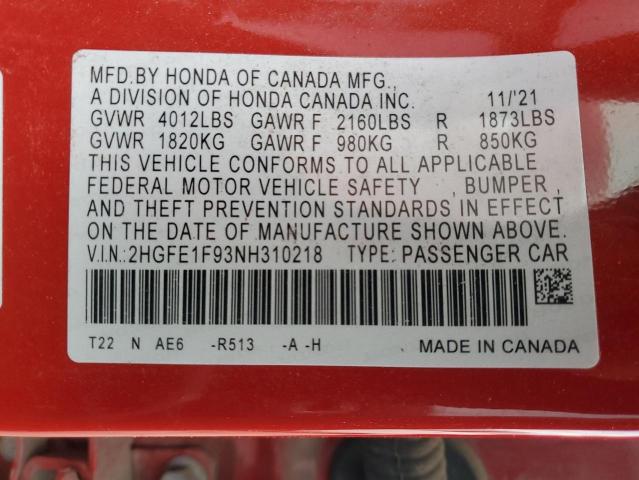 2022 HONDA CIVIC TOUR 2HGFE1F93NH310218