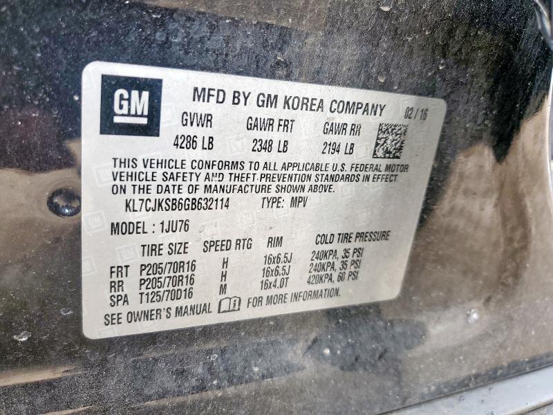 2016 CHEVROLET TRAX LS KL7CJKSB6GB632114