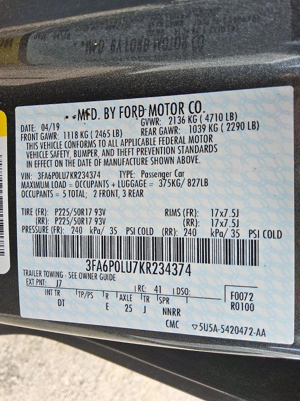 2019 FORD FUSION SE 3FA6P0LU7KR234374