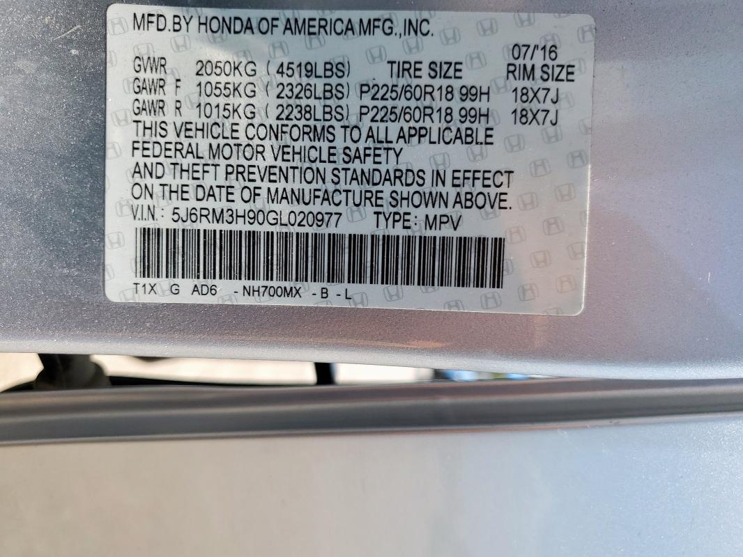 2016 HONDA CR-V TOURI 5J6RM3H90GL020977