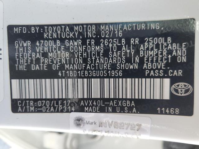 2016 TOYOTA AVALON HYB 4T1BD1EB3GU051956