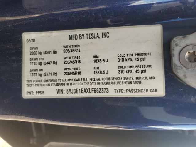2020 TESLA MODEL 3 5YJ3E1EAXLF662373