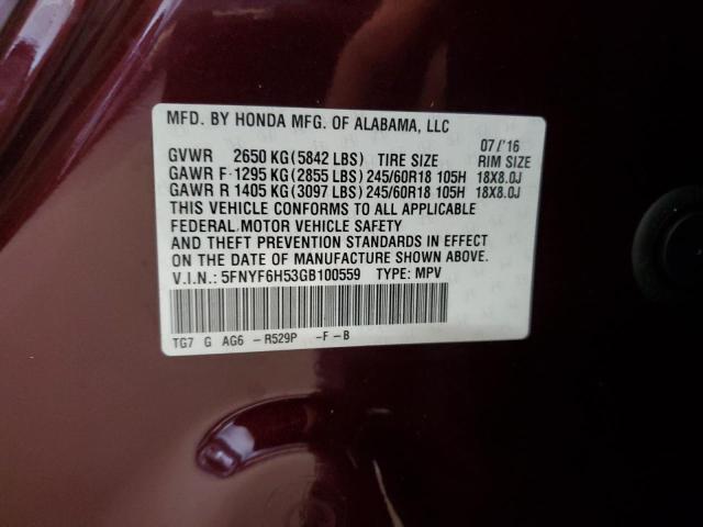 2016 HONDA PILOT EXL 5FNYF6H53GB100559