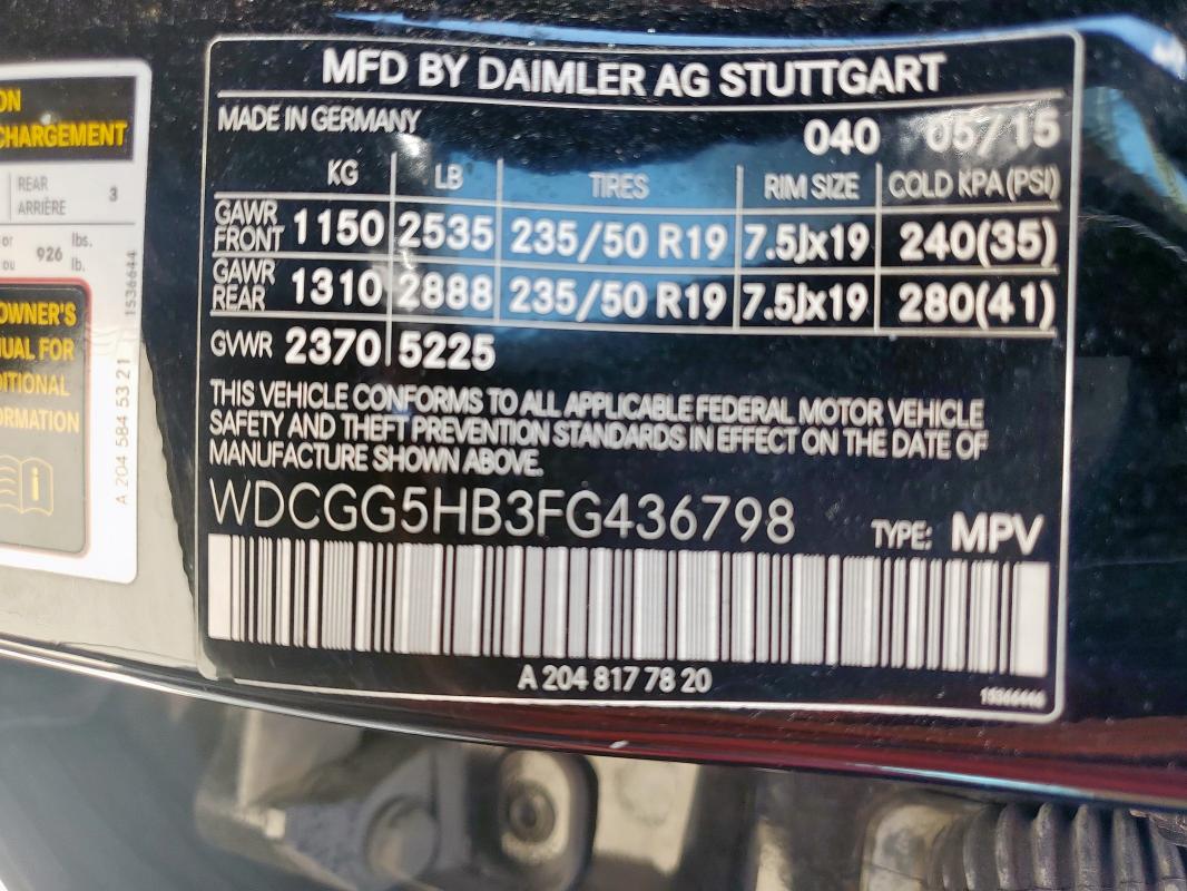 2015 MERCEDES-BENZ GLK 350 WDCGG5HB3FG436798