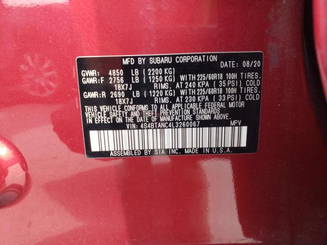 2020 SUBARU OUTBACK LI 4S4BTANC4L3260067