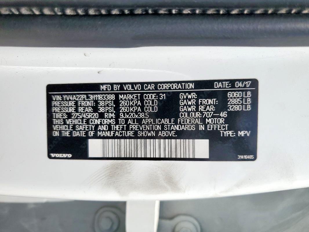 2017 VOLVO XC90 T6 YV4A22PL3H1183388