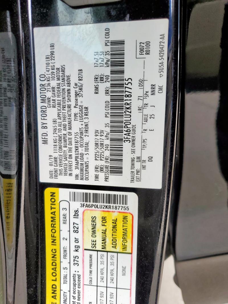 2019 FORD FUSION SE - 3FA6P0LU2KR187755