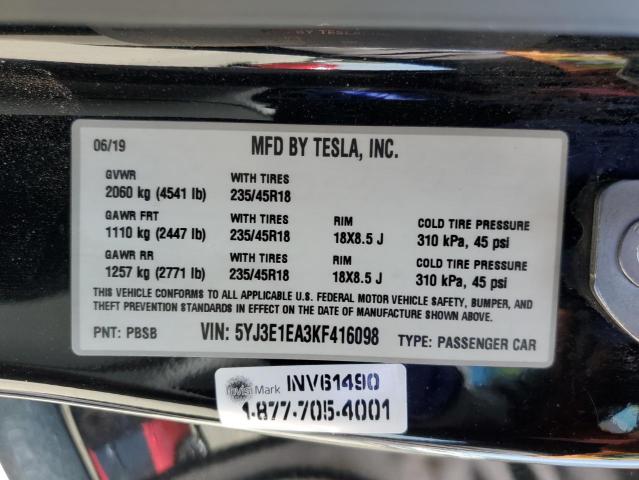 2019 TESLA MODEL 3 5YJ3E1EA3KF416098