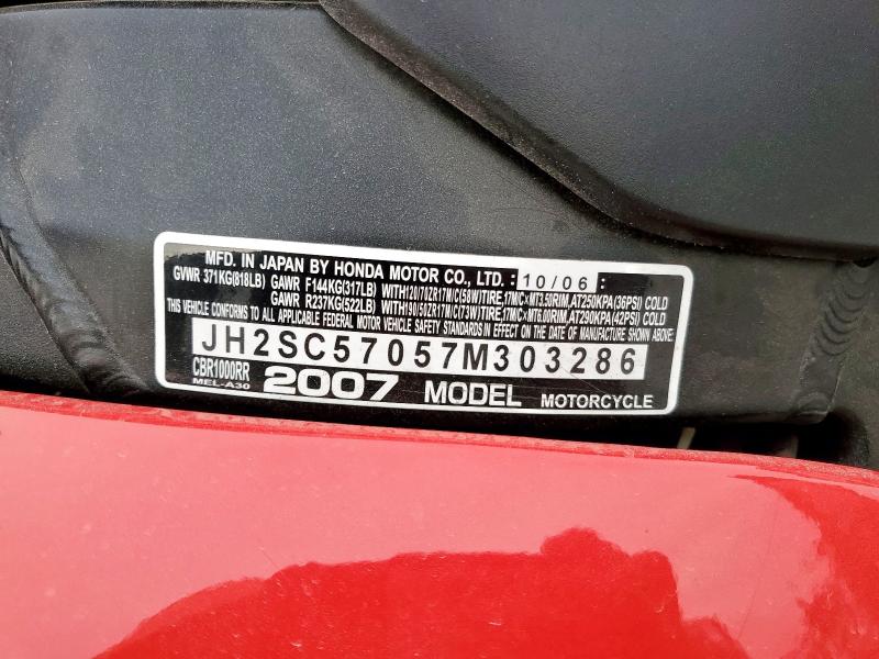 2007 HONDA CBR1000 RR JH2SC57057M303286