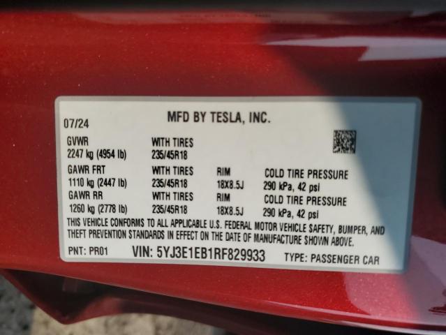 2024 TESLA MODEL 3 5YJ3E1EB1RF829933