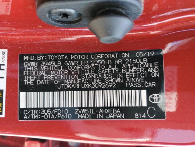 2019 TOYOTA PRIUS JTDKARFUXK3092692